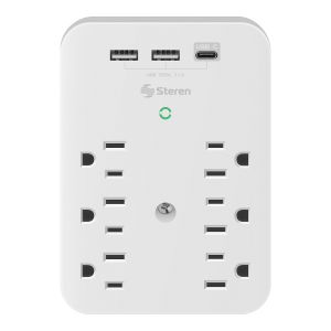 Regleta de pared con supresor de picos (312 J), 6 salidas polarizadas y centro de carga doble USB / un USB-C