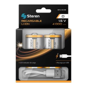 2 baterías recargables USB Li-Ion tipo D, de 4000 mAh