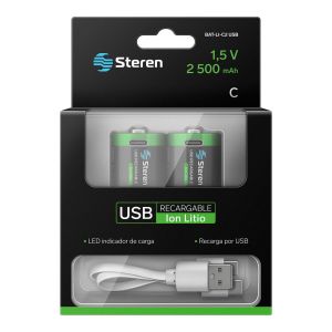 2 baterías recargables USB Li-ion tipo D, de 2500 mAh