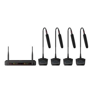 Sistema de 4 micrófonos inalámbricos UHF con selector automático de frecuencia, batería recargable y cuello flexible