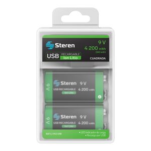 2 baterías recargables USB Li-Ion tipo 9V (cuadrada), de 4 200 mWh