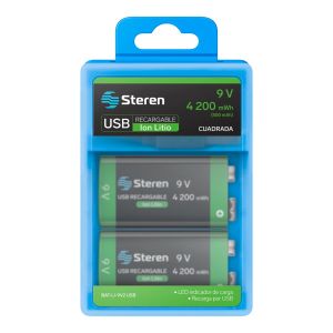 2 baterías recargables USB Li-Ion tipo 9V (cuadrada), de 4 200 mWh